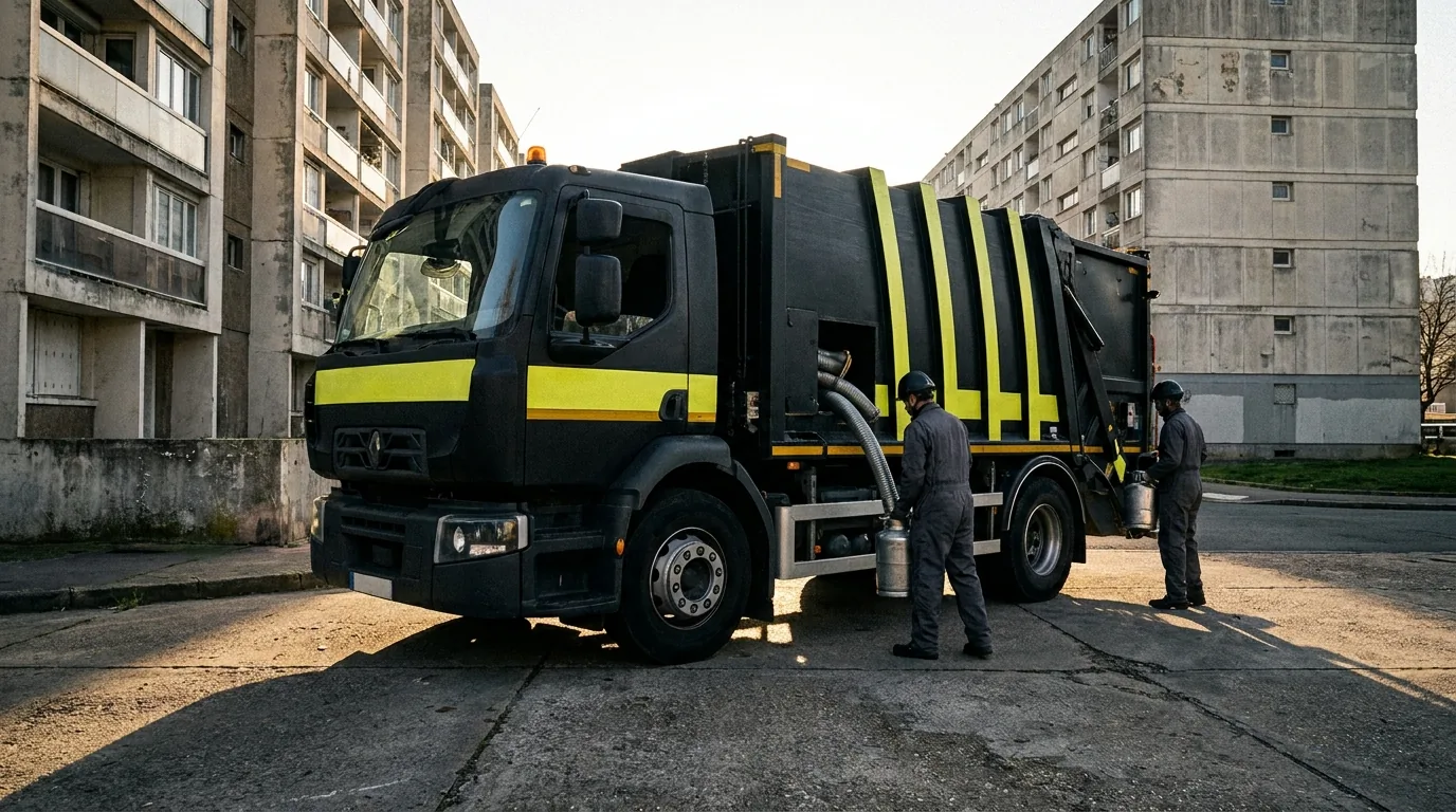 Camion D.C.P Assainissement en intervention dans une rue parisienne arborée